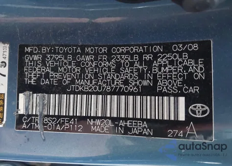 2008 Toyota Prius z USA, uszkodzony, nr VIN JTDKB20U787770961